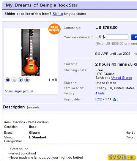 My Dreams of Being a Rock Star Bidder or seller of this item? Sign in for your status FREE Current bid US $798.00 shpping Your maximum bid: US $ P (En