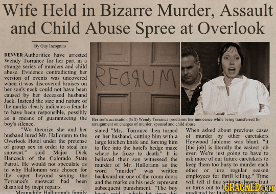 Wife Held in Bizarre Murder, Assault and Child Abuse Spree at Overlook By Guy Incognito DENVER Authorities have arrested Wendy Torrance for her part i