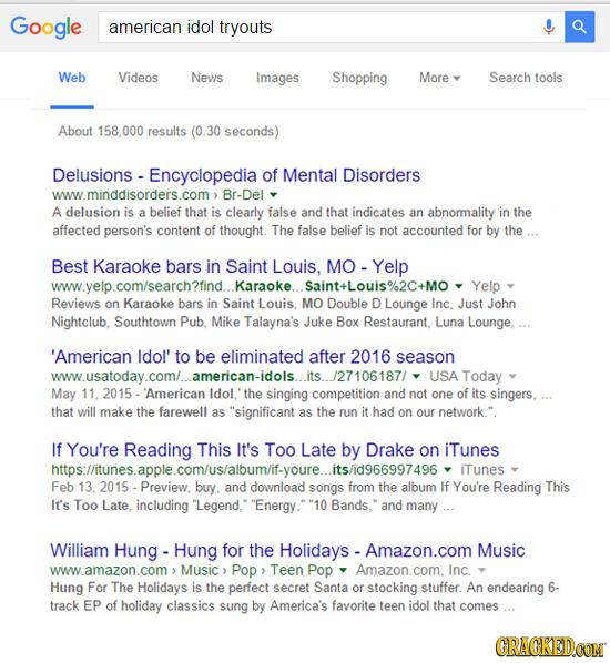 Google american idol tryouts Web Videos News Images Shopping More Search tools About 158,000 results (0 30 seconds) Delusions - - Encyclopedia d of Me