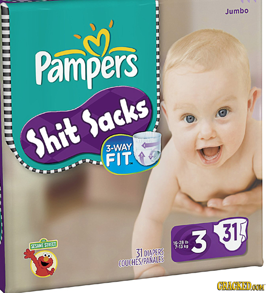 Jumbo Pampers Sacks Shit 3-WAY FIT 3 31 16-2B lb SESAME STREET 7-13 kg 31 DIAPERS COUCHES/PANALES CRAGKEDCON 