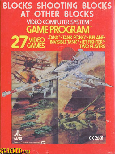 BLOCKS SHOOTING BLOCKS AT OTHER BLOCKS VIDEO COMPUTER SYSTEMT GAME PROGRAM 27 VIDEO TANKS TANK PONG BIPLANE INVISIBLETANK JETFIGHTER GAMES TWO PLAYERS