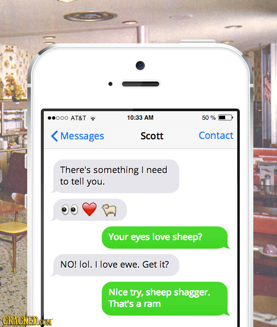..000 AT&T 10:33 AM 50 % Messages Scott Contact There's something L need to tell you. Your eyes love sheep? NO! lol. L love ewe. Get it? Nice try, she