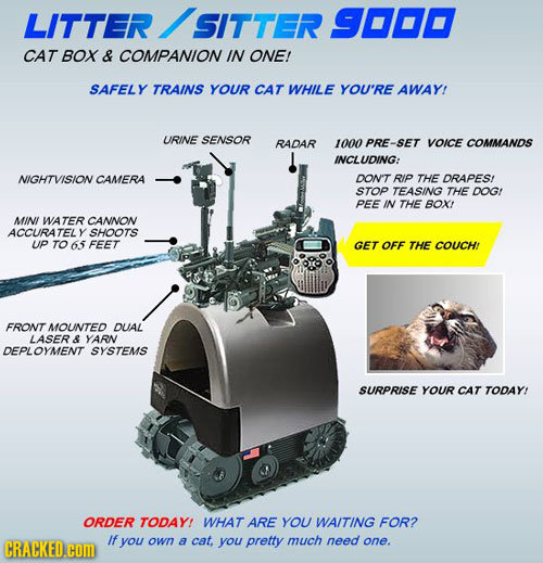 LITTER SITTER SOO CAT BOX & COMPANION IN ONE! SAFELY TRAINS YOUR CAT WhILE YOU'RE AWAY! URINE SENSOR RADAR 1000 PRE-SET VOICE COMMANDS VCLUDING: NIGHT