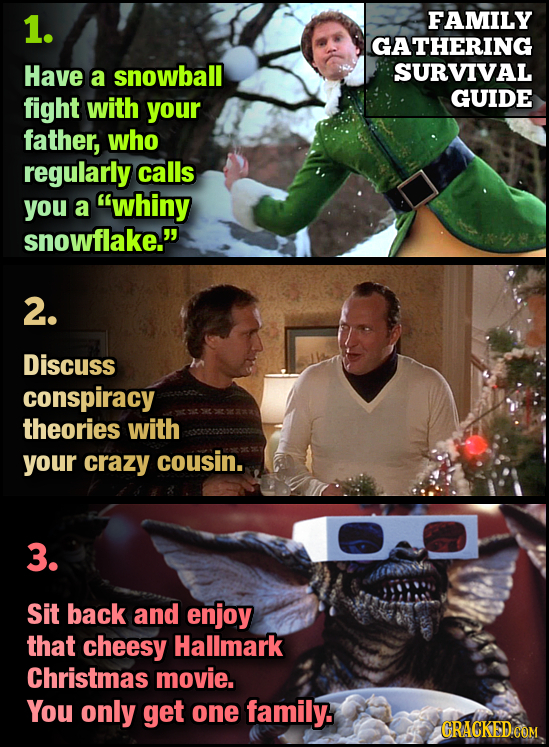 1. FAMILY GATHERING Have a snowball SURVIVAL fight with GUIDE your father, who regularly calls you a whiny snowflake.' 2. Discuss conspiracy theorie