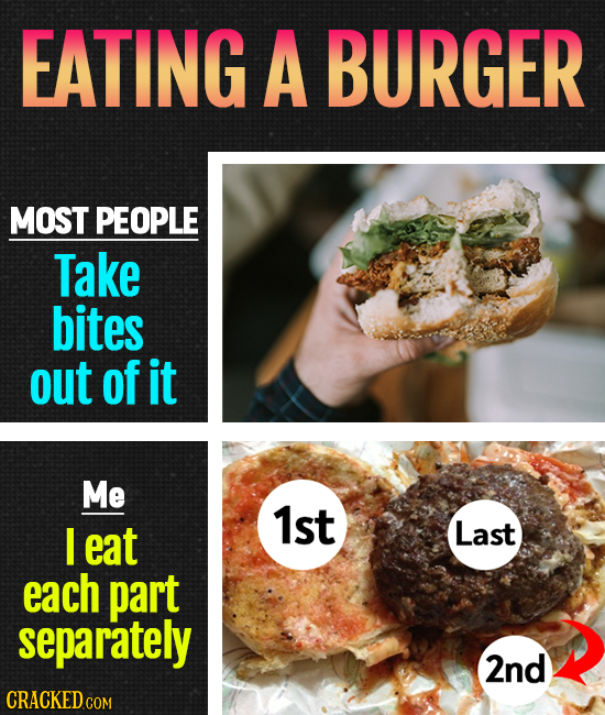 EATING A BURGER MOST PEOPLE Take bites out of it Me 1st I eat Last each part separately 2nd