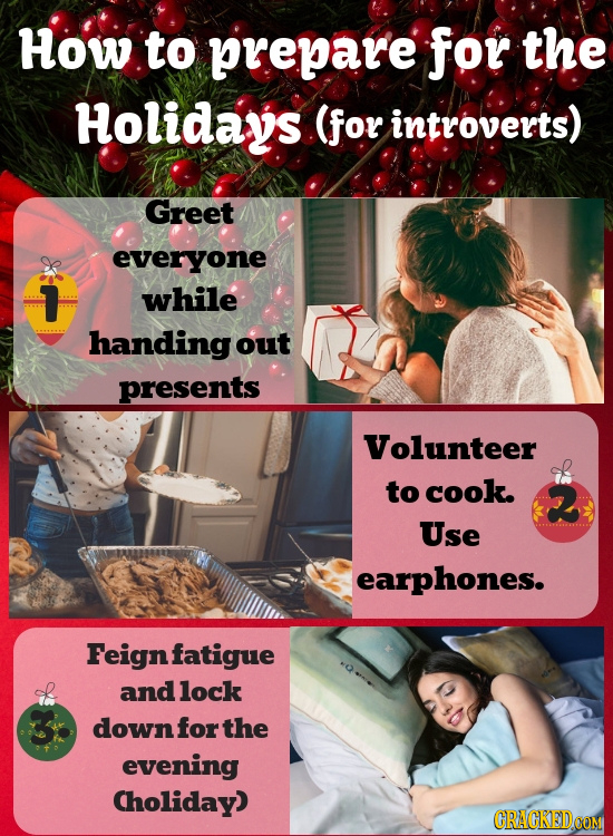 How to prepare for the Holidays (for introverts) Greet everyone T while handing out presents Volunteer to cook. 2 Use earphones. Feignfatigue and lock