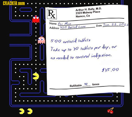 CRACKED.cOM H. Bally. M.D. Rx Arthur 2323 Midway Place .... Namco, Ca Name Pec Men Jen. 11 204 Dofo Address 420 Dotted Lans 500 antacid tablets Take 3