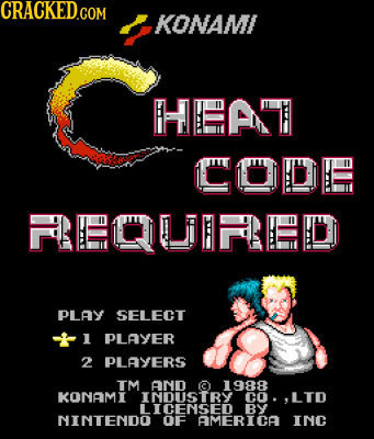 CRACKED.COM KONAMI HLAE CODL RLCURIED PLAY SELECT 1 PLAYER 2 PLAYERS TM AND 1988 KONAMI INDUSTRY CO. LTD LICENSED BY NINTENDO OF AMERICA INC