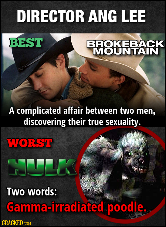 DIRECTOR ANG LEE BEST BROKEBACK MOUNTAIN A complicated affair between two men, discovering their true sexuality. WORST HULK Two words: Gamma-irradiate