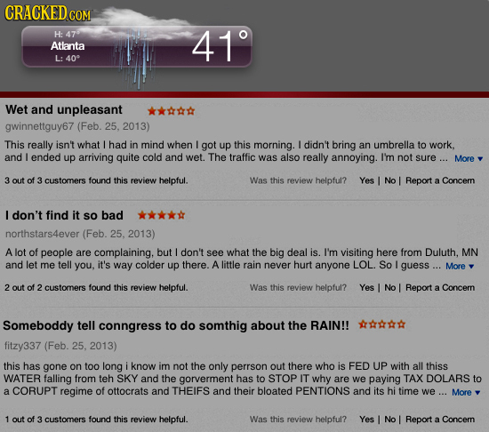 CRACKED COM H: 479 41 Atlanta L: 40 Wet and unpleasant gwinnettguy67 (Feb. 25. 2013) This really isn't what had in mind when got up this morning. did