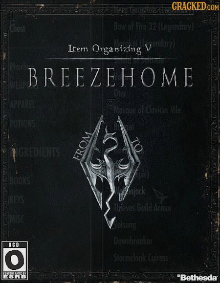 CRACKEDC Chest Bow o Fite 32 (Legenidary) vendary) Item Organizing V BREEZEHOME Ofor APPAREL af Clovitus Vile POTIONS > NGREDIENTS FROM BOOKS ajack KE
