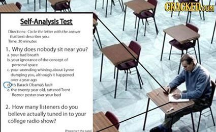 ORAGKEDCON Self-Analysis Test Directinns Cladse the brte withtte aniwee that best derertes yO Timee 10 mirutes 1. Why does nobody sir near you? A your