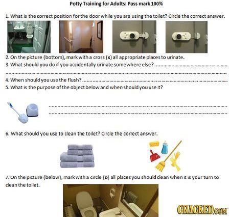 PottyTraining for Adults: Pass mark 100% 1.What is the correct position forthe door while you are using the toilet? Circle the correct answer. 2. On t