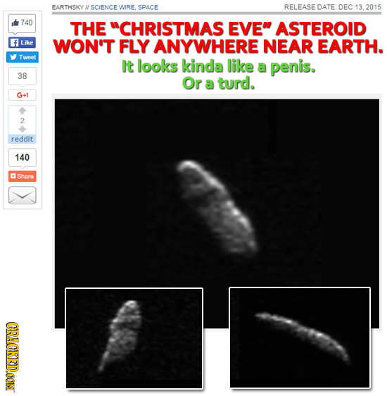 EARTHSKY N SCIENCE WIRE. SPACE RELEASE DATE: DEC 13.2015 740 THE CHRISTMAS EVE ASTEROID Like WON'T FLY ANYWHERE NEAR EARTH. Tweet It looks kinda lik