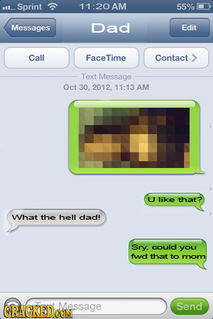 sil.. Sprint 11:20 AM 55% Messages Dad Edit Call FaceTime Contact Text Message Oct 30. 2012. 11:13 AM U like that? What the hell dad! Sry. could you f