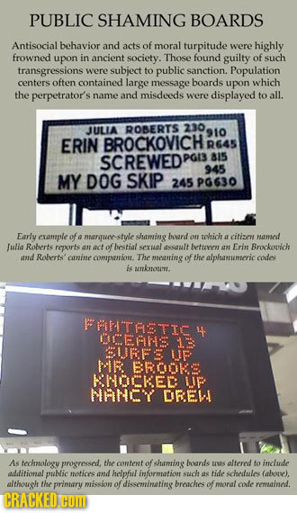 PUBLIC SHAMING BOARDS Antisocial behavior and acts of moral turpitude were highly frowned upon in ancient society. Those found guilty of such transgre