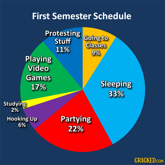 First Semester Schedule Protesting Going to Stuff Classes 11% 9% Playing Video Games Sleeping 17% 33% Studying 2% Hooking Up Partying 6% 22% 