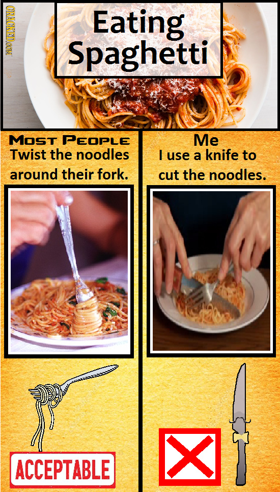 CRACKEDOONT Eating Spaghetti MOST PEOPLE Me Twist the noodles I use a knife to around their fork. cut the noodles. ACCEPTABLE