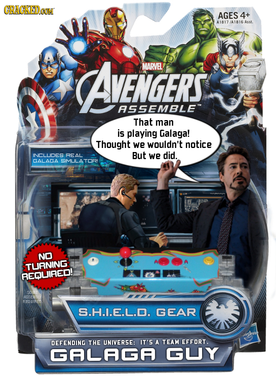 AGES 4+ A1817 /A1816 Asst. AVENGERS MARVEL ASSEMBLE That man is playing Galaga! Thought we wouldn't notice INCLUDES REAL But we did. GALAGA SIMULATOR!
