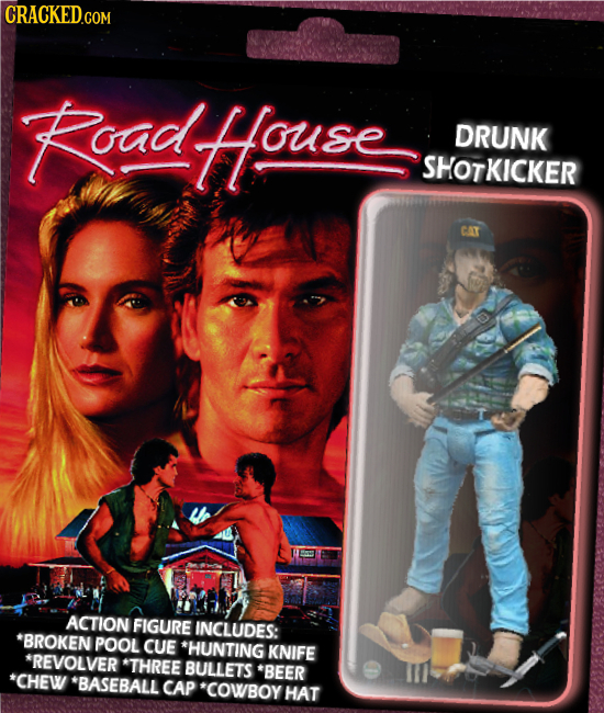 CRACKED.COM PoadHouse DRUNK SHOTKICKER ACTION FIGURE INCLUDES: *BROKEN POOL CUE *HUNTING KNIFE REVOLVER *THREE BULLETS *BEER *CHEW *BASEBALL CAP *COWB
