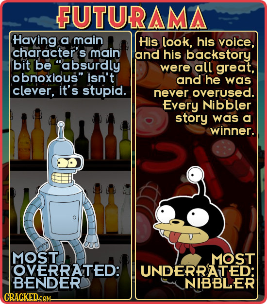FUTURAMA Having a main His look, his voice. character'is main and his backstory bit be absurdly were all great, obnoxious isn't and he was clever, i