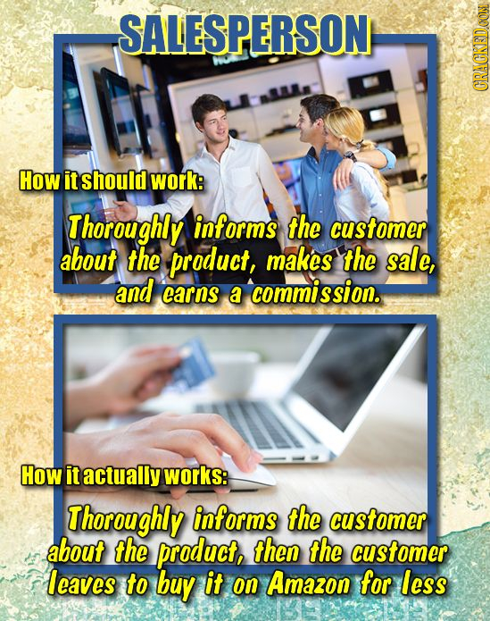 SALESPERSON CRACREIDOON How it should work: Thoroughly informs the customer about the product, makes the sale, and carns a commission How it actually 