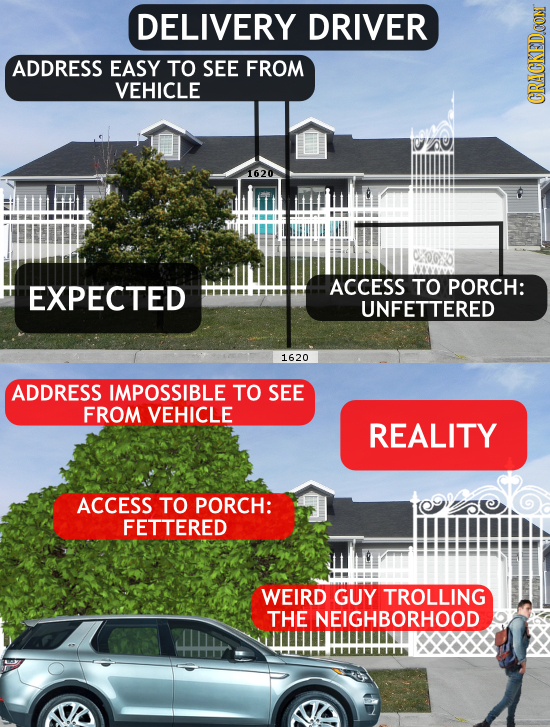DELIVERY DRIVER ADDRESS EASY TO SEE FROM VEHICLE GRACKEDCON Oo 1620 01000 EXPECTED ACCESS TO PORCH: UNFETTERED 1620 ADDRESS IMPOSSIBLE TO SEE FROM VEH