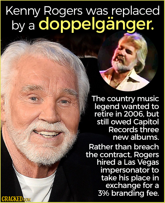 Kenny Rogers was replaced by doppelganger. a The country music legend wanted to retire in 2006, but still owed Capitol Records three new albums. Rathe
