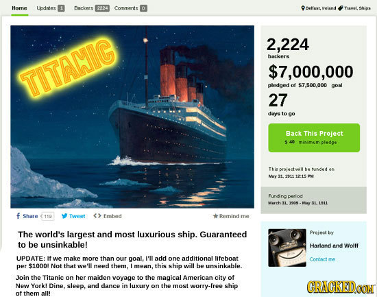Home Uodntes Backers 2224 Comrnerts O Beffeat. Freianei Thavel Ships 2,224 backers $7,000,000 TITAMIC pledged of $7.500.000 goal 27 days to go Back Th