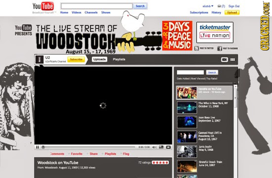 You Tube Soat aliet es e Hone Ms Camais Shews Satteeritione Hietory Liplond You Tube THE LIVE STRER OF 3 DAYS ticketmaster PRESENTS WOODSTOCK PEACE LT