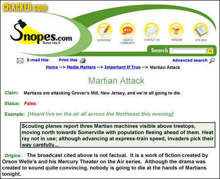 CRACKED.C CO Snopes.com Ucse INCPES CONTACTUS anae S/TENO Rimoe He t CCRMANITY Search E-mail this Print this Advaneed seareh Home Media Matters Import