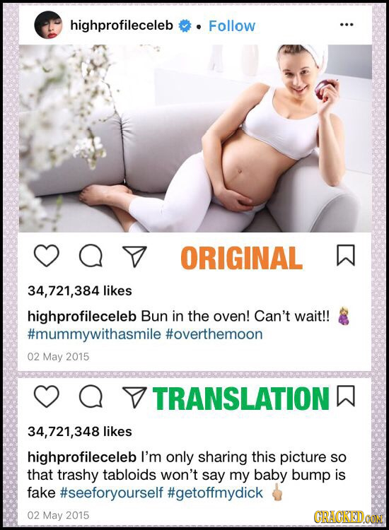 highprofileceleb Follow ORIGINAL 34,721,384 likes highprofileceleb Bun in the oven! Can't wait!! #mummywithasmile #overthemoon 02 May 2015 TRANSLATION