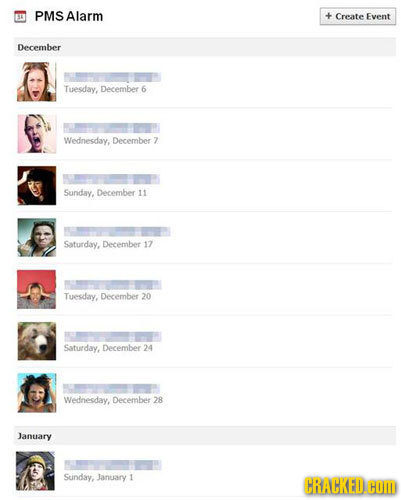 PMS Alarm Create Event December Tuesday, December 6 Wednesday, December Sunday, December 11 Saturday, December 17 Tuesday, Decernber 20 Saturday, Dece