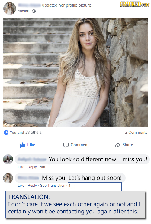CRACKEDOON updated her profile picture. 20mins You and 28 others 2 Comments Like Comment Share You look SO different now! I miss you! Like Reply 5m Mi