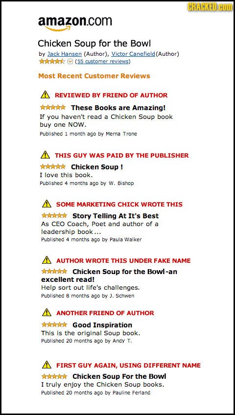 CRAKED.H amazon.com Chicken Soup for the Bowl by Jack Hansen (Author), Victor Canefield(Author) (55 customer reviews) Most Recent Customer Reviews REV