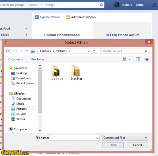 earch for people, places and things Richard Horne Update Status Add Photos/Video S Feed sages 9 Upload Photos/Video Create Photo Album Select Album Li