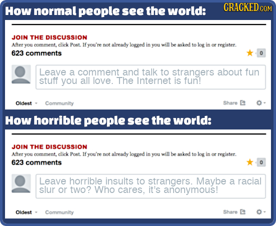 How normal people see the world: CRACKED COM JOIN THE DISCUSSION After you comment, click Post. If you're not already logged in you willbe asked to lo