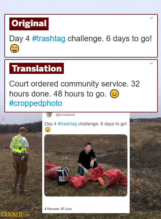 Original Day 4 #trashtag challenge. 6 days to go! Translation Court ordered community service. 32 hours done. 48 hours to go. #croppedphoto @picksuptr