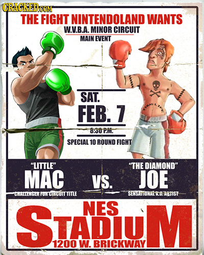 CRACKREDOO 0M THE FIGHT NINTENDOLAND WANTS W.V.B.A. MINOR CIRCUIT MAIN EVENT SAT. FEB. 7 8:30P.M. SPECIAL 10 ROUND FIGHT LITTLE 'THE DIAMOND MAC VS