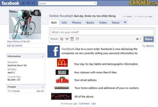facebook CRACKEDCON Search Debbie Roudolph Bad day. Broke my toe while hiking Taeter 37 MNLTELAND ciear Wall Info Photos Boxes Video Notes What's on y