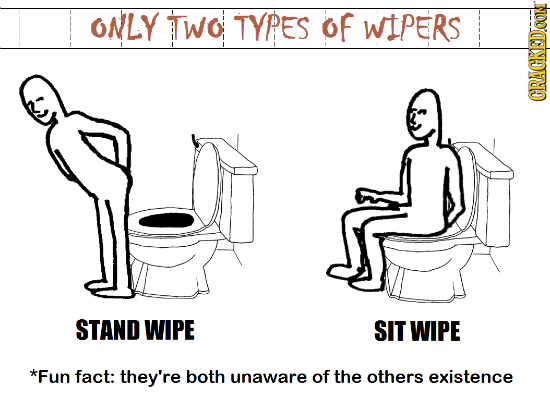ONLY TWO TYPES OF WIPERS CRACKEDCON STAND WIPE SIT WIPE *Fun fact: they're both unaware of the others existence 