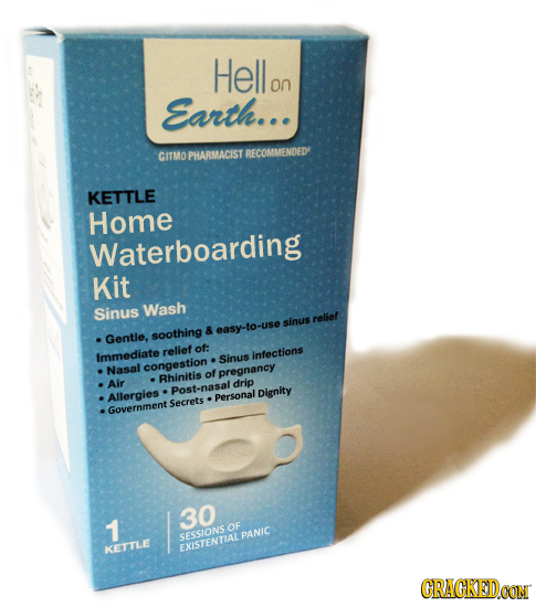Hello on Earth. GITMO PHARMACIST RECOMMENDED KETTLE Home Waterboarding Kit Sinus Wash relief sinus & easy-to-use Gentle, soothing relief of: Immediate