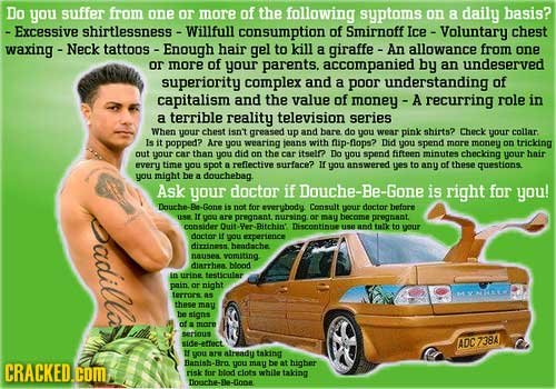 Do you suffer from one or more of the following syptoms on a daily basis? - Excessive shirtlessness Willfull consumption of Smirnoff Ice -Voluntary ch