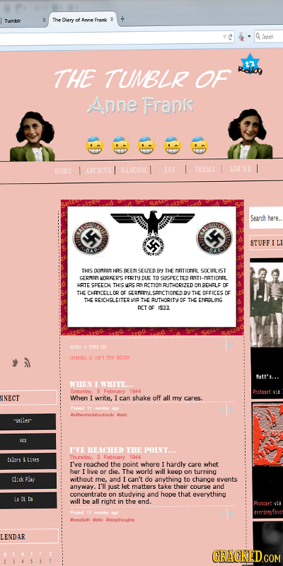 Tumbir The Diary of Annm Frank Q Seorch THE TUNBLR OF Rblg Anne Frank HOME L ARCHIVE RANDOM RSS I THEME 1 ASK ME Search here. STUFF THIS DORRaT HS BEE