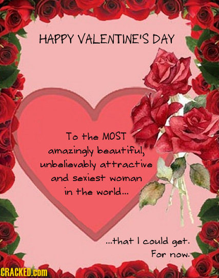 HAPPY VALENTINE'S DAY To the MOST amazingly beautiful, unbelievably attractive and sexiest woman in the world... ...that could get. For now. CRACKED.C