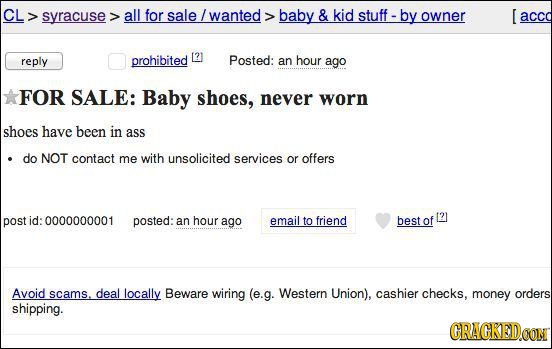 CL syracuse all for sale / wanted baby & kid stuff by owner E acco [?) reply prohibited Posted: an hour ago FOR SALE: Baby shoes, never worn shoes hav