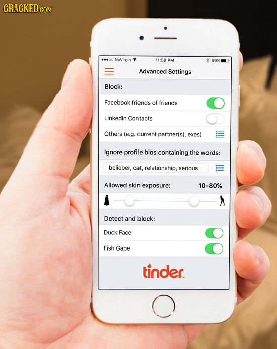 CRACKED cO COM ...00 NoVirgin 11:59 PM * 69% Advanced Settings Block: Facebook friends of friends Linkedin Contacts Others (e.g. current partner(s), e