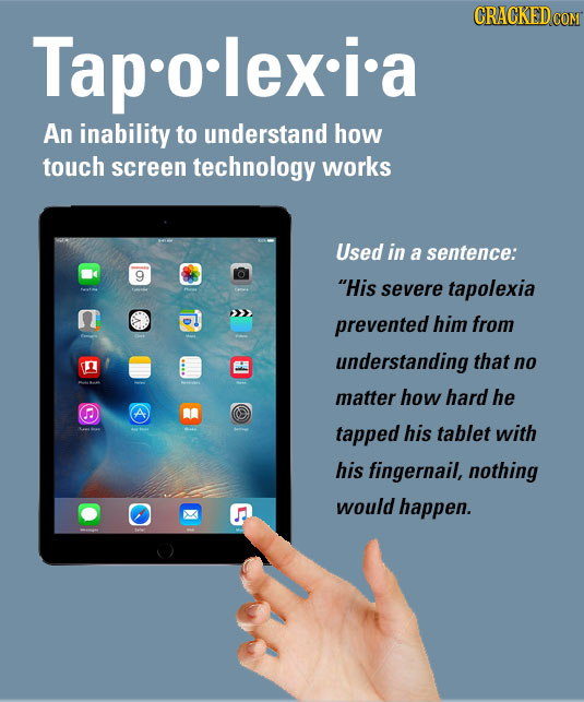 Tapolexia An inability to understand how touch screen technology works Used in a sentence: 9 His severe tapolexia prevented him from understanding th