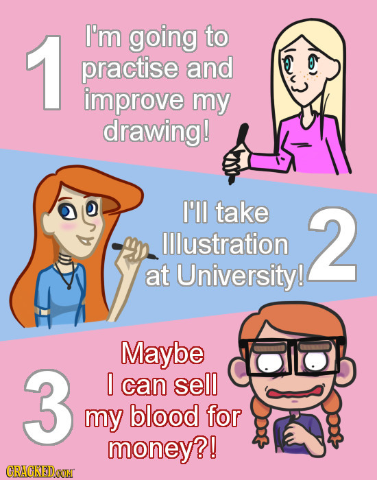 1 I'm going to practise and improve my drawing! I'll take 2 lllustration A at University! Maybe 3 O can sell my blood for money?! CRACKEDCOMT