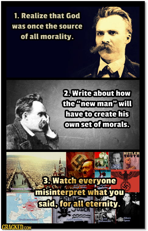 1. Realize that God was once the source of all morality. 2. Write about how the new man will have to create his own set of morals. HITLER YOUTH Jora